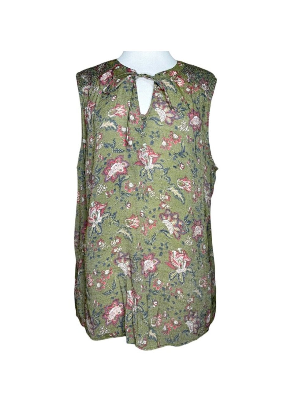St. John's Bay XXL Green Floral Sleeveless Blouse Boho Tie Neck Tunic Top Plus